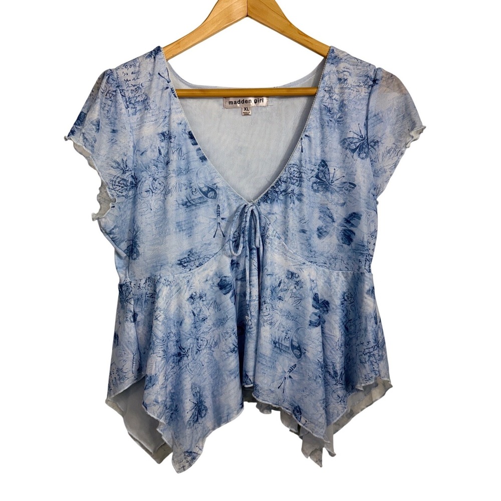Madden Girl XL Blue Butterfly Mesh Babydoll Peplum‎ Handkerchief Hem Top